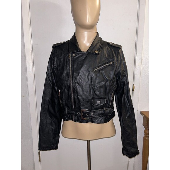 Vintage Guess Women’s Black Leather Jacket Motorcycle Style With Belt Sz L - Picture 1 of 8